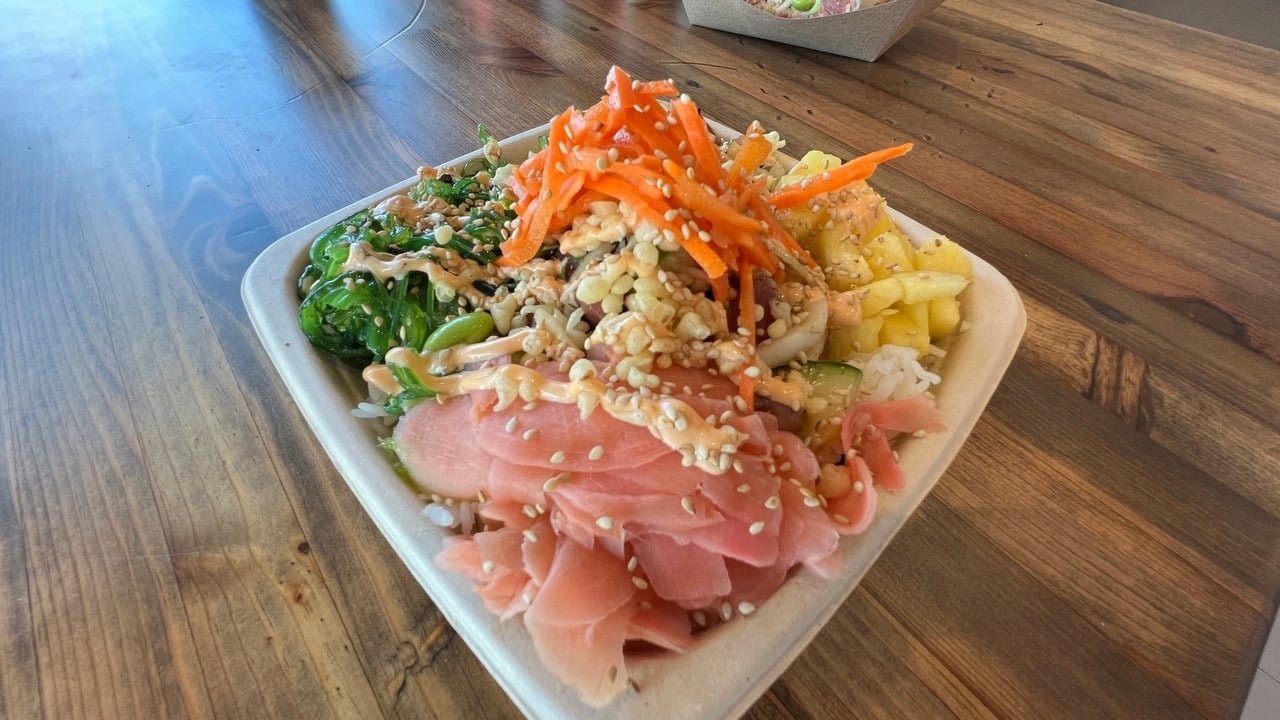 salmon bowl at poke bowl in tarpon springs florida